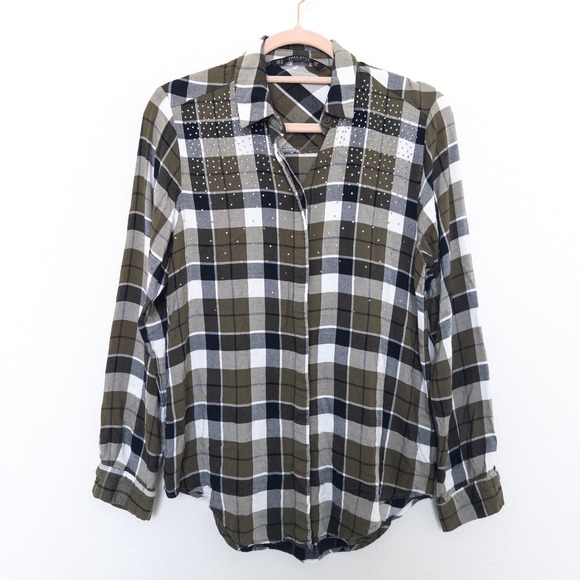 Zara Womens Shirt Size S Green Plaid Flannel Long Sleeve Beaded Grunge Indie Y2K - Picture 1 of 5